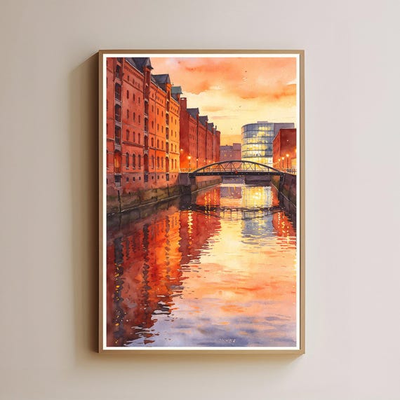 Canal Cityscape Art Print Watercolor Brick Buildings Orange Sunset Wall Travel