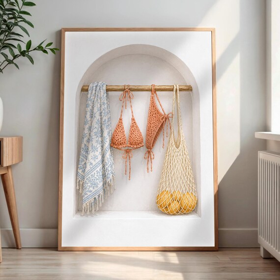 Boho Beach Niche Watercolor Crochet Bikini Lemons Coastal Wall Poster