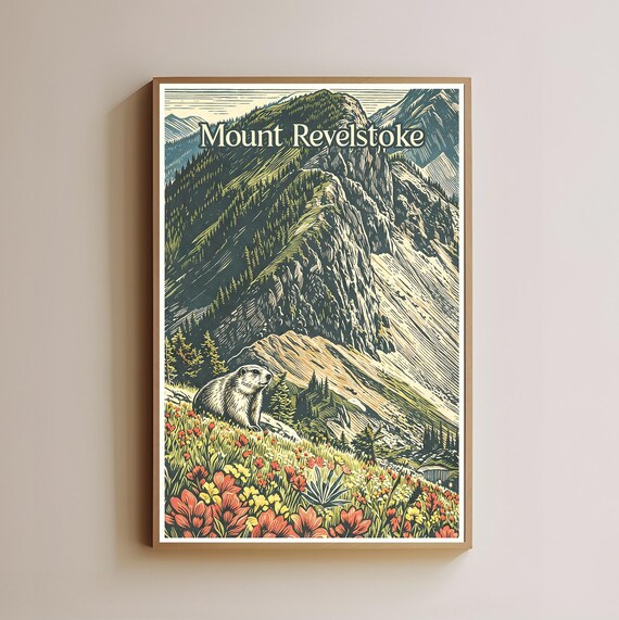 Mount Revelstoke Vintage Travel Poster With Marmot And Wildflowers