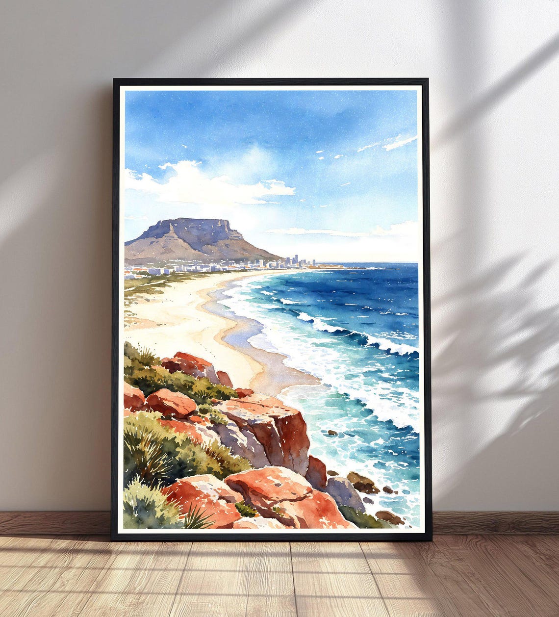 Cape Town Table Mountain Beach Watercolor Coastal South Africa Poster