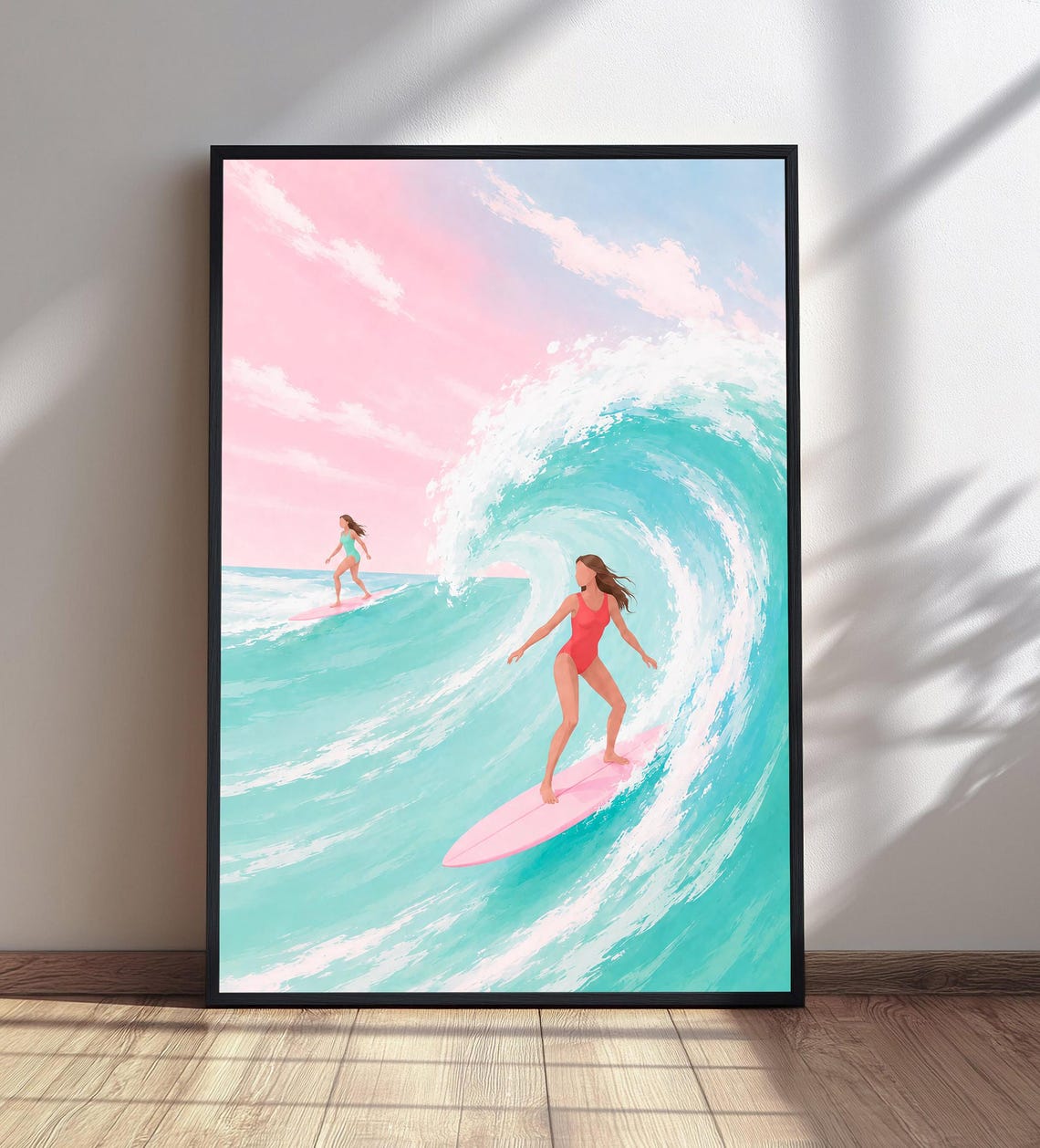 Two Women Surfing Giant Pink Wave Pastel Beach Surf Art Poster