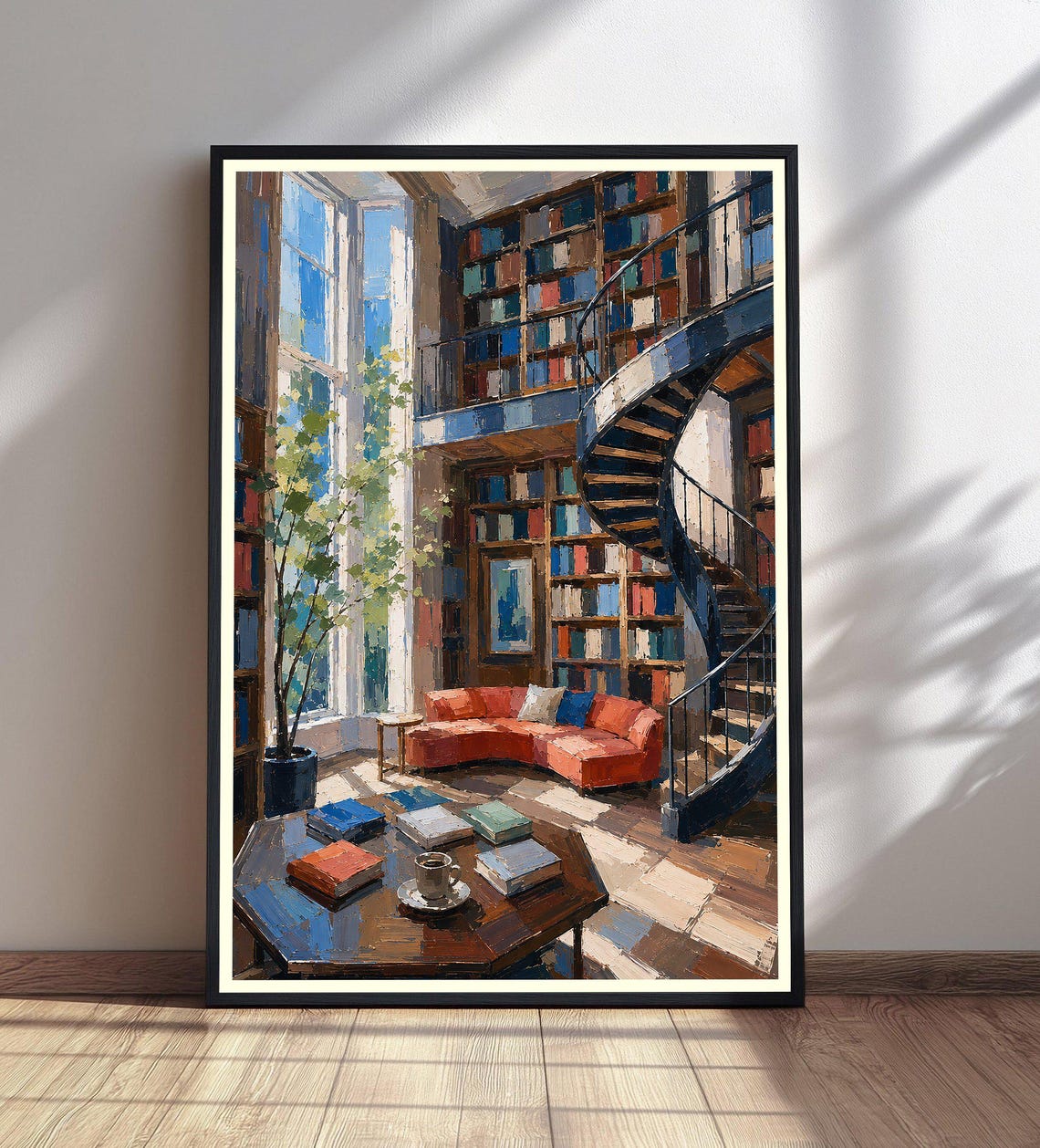 Cozy Library Spiral Staircase Bookshelves Impressionist Reading Poster