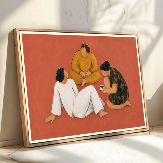 Three Faceless Women Drinking Tea Painting Terracotta Friendship Art Print