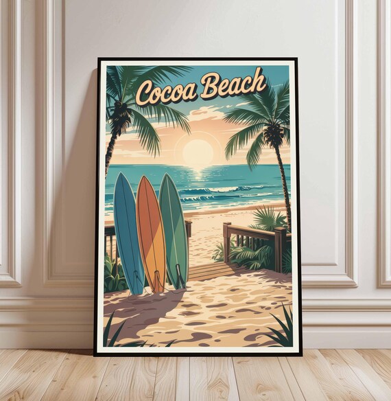 Cocoa Beach Florida Vintage Surfboards Palm Trees Travel Poster