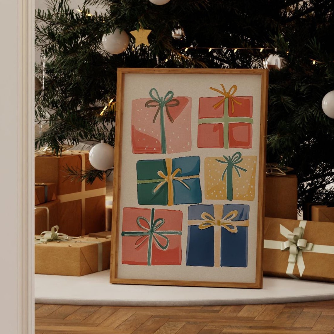 Retro Christmas Gift Boxes Wrapped Presents Muted Festive Poster