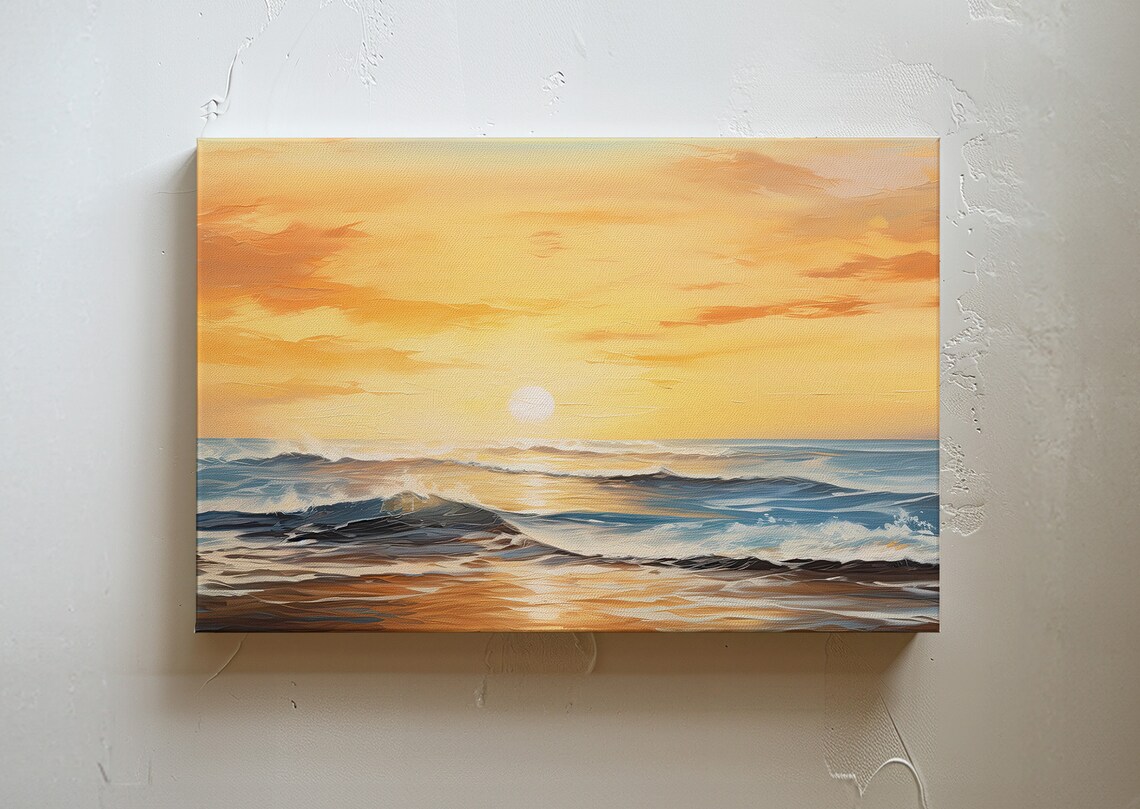 Ocean Sunset Golden Waves Beach Shore Oil Painting Style Poster