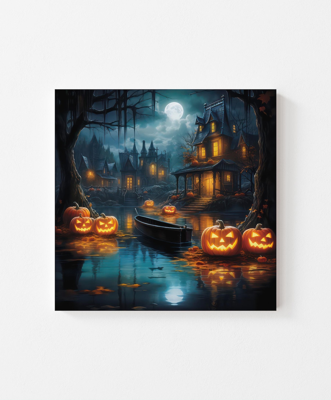 Halloween Haunted Village Art Print, Spooky Season