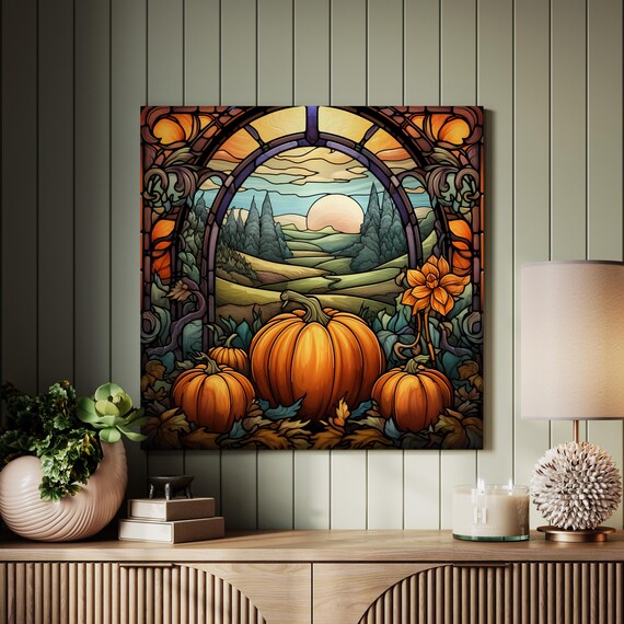 Stained Glass Pumpkins Arch Autumn Landscape Fall Wall Art Poster