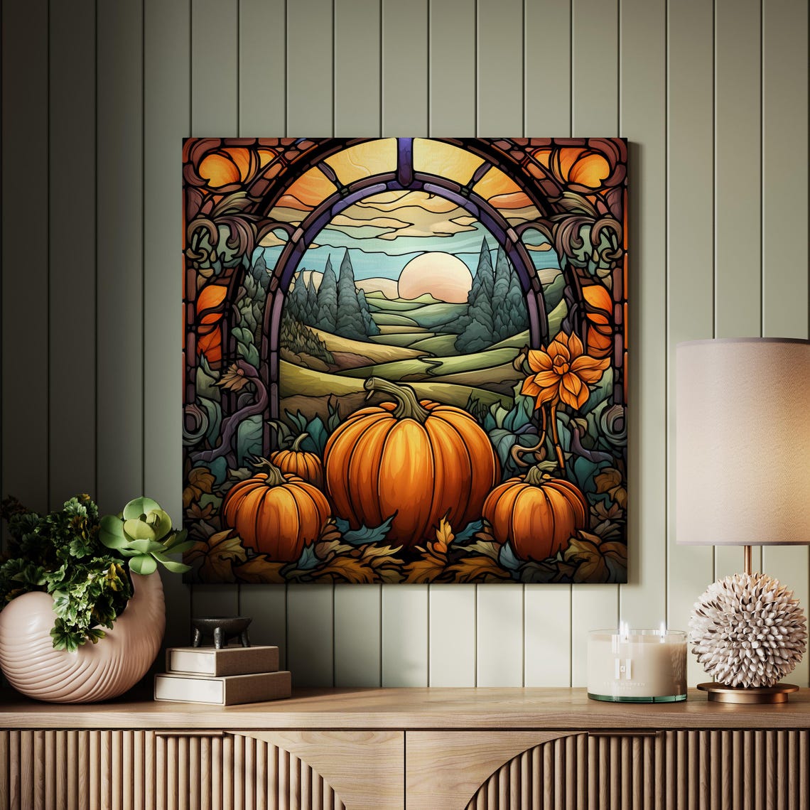 Stained Glass Pumpkins Arch Autumn Landscape Fall Wall Art Poster