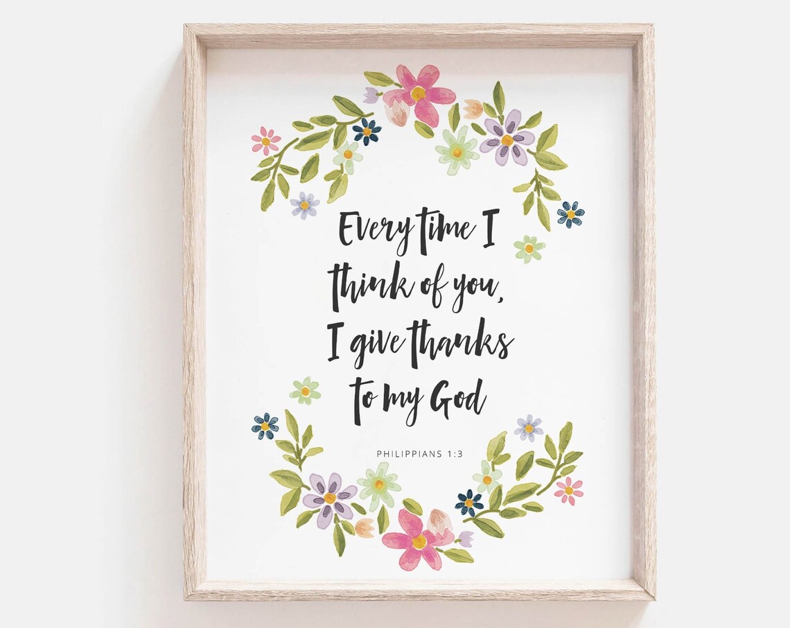 Philippians 1 3 Give Thanks To My God Floral Wreath Scripture Poster