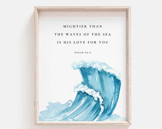 Psalm 93 4 Mightier Than The Waves Watercolor Ocean Wave Scripture Poster