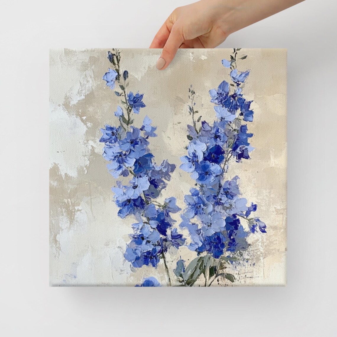 Blue Delphinium Tall Flower Spikes Beige Botanical Floral Art Poster