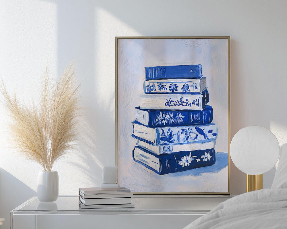 Stack of Blue Books with Floral Spines Reading Nook Wall Art - Image 4