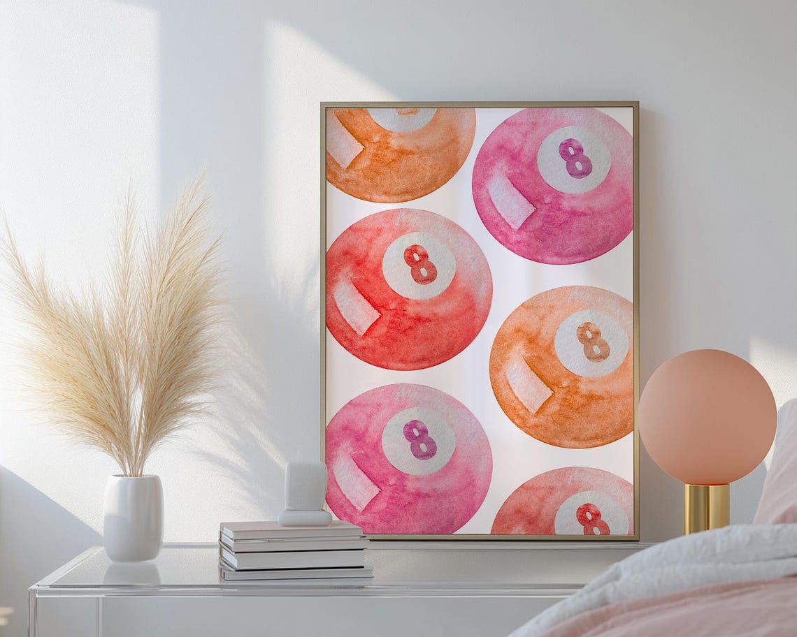 Pink and Orange Watercolor Eight Ball Pattern Game Room Trendy Poster - Image 5