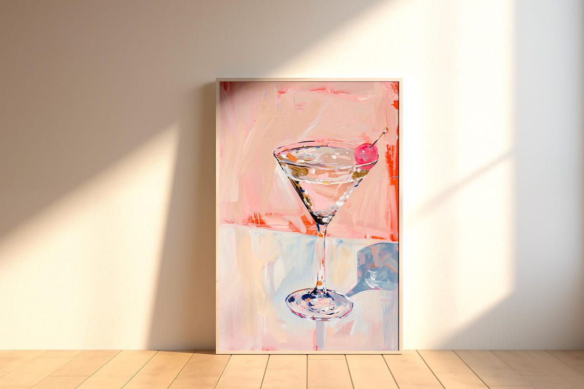 Pink Cherry Martini Glass Elegant Cocktail Painting Wall Art - Image 2
