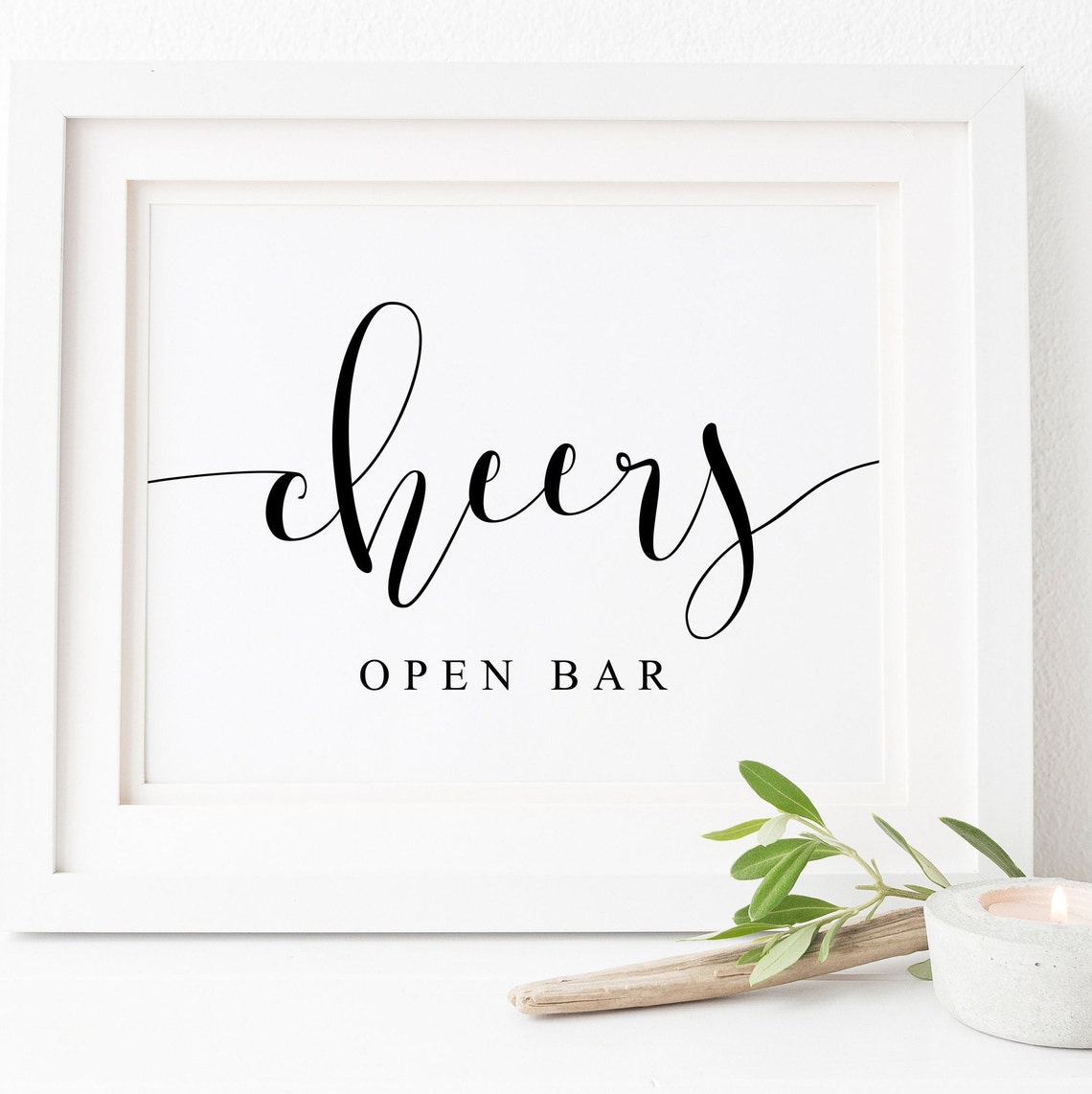 Cheers Open Bar Wedding Bar Sign Elegant Calligraphy Art Poster