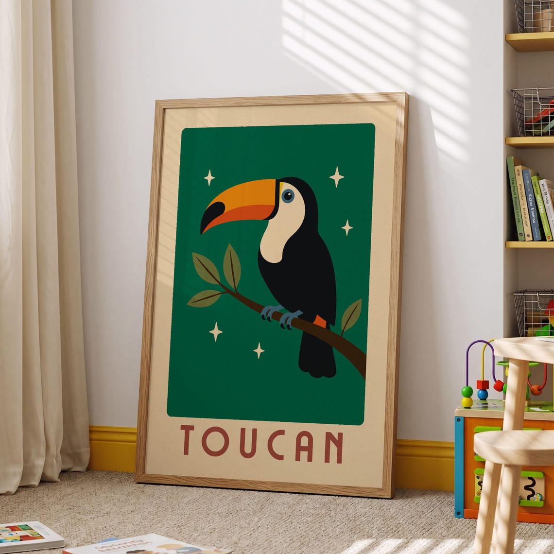 Retro Toucan Perched On Branch Green Tropical Bird Kids Room Poster