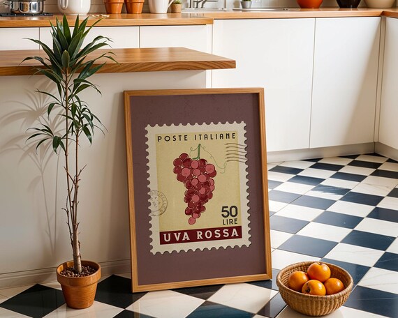 Italian Red Grape Stamp Poster Vintage Poste Italiane Food Art
