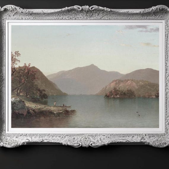 Mountain Lake Painting Art Print Rustic Vintage View