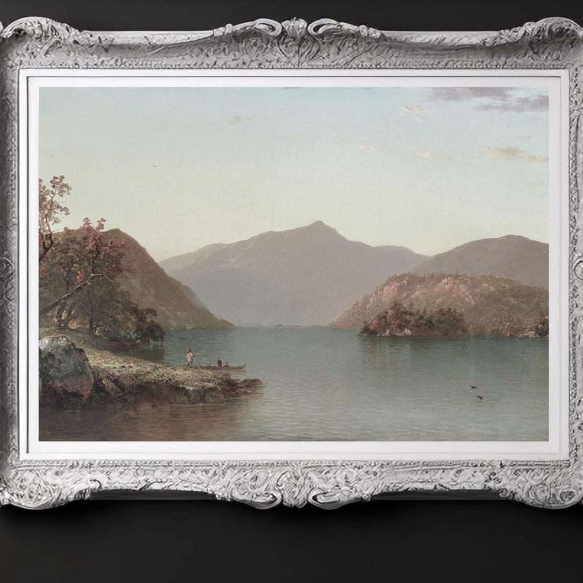 Mountain Lake Painting Art Print Rustic Vintage View