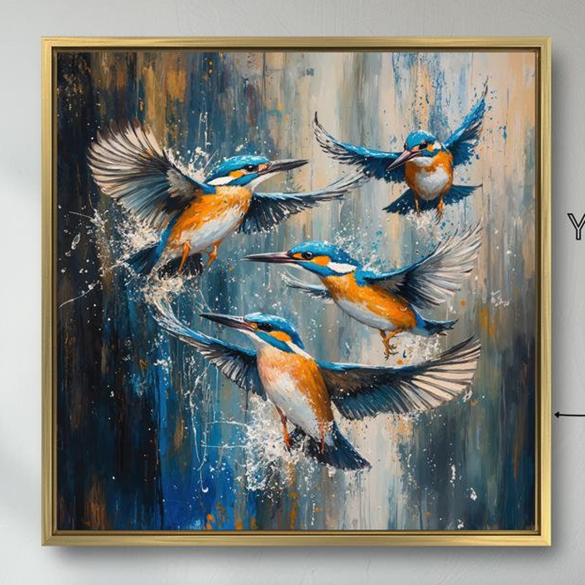 Colorful Kingfishers In Flight Over Water Splash Abstract Bird Poster