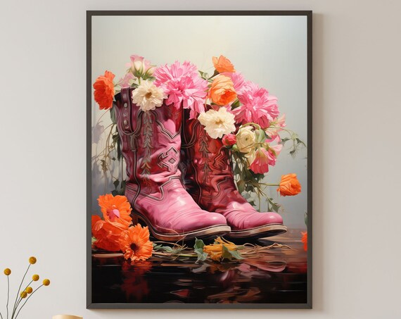 Pink Cowboy Boots Filled With Floral Bouquet Western Art Poster