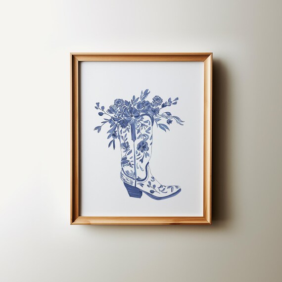 Blue Coastal Floral Cowgirl Boot Watercolor Chinoiserie Poster