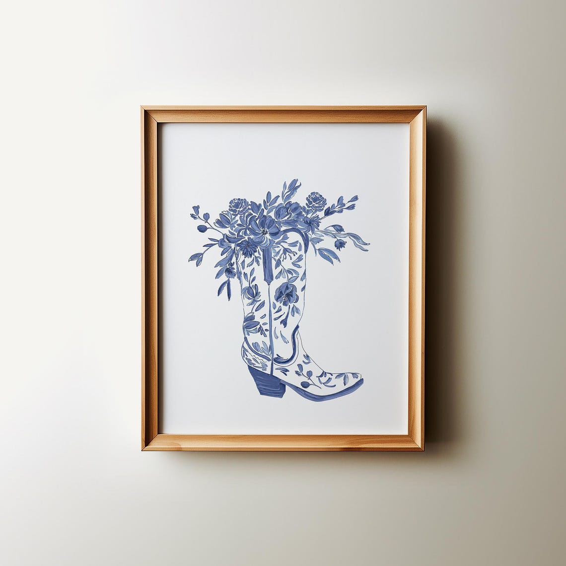 Blue Coastal Floral Cowgirl Boot Watercolor Chinoiserie Poster