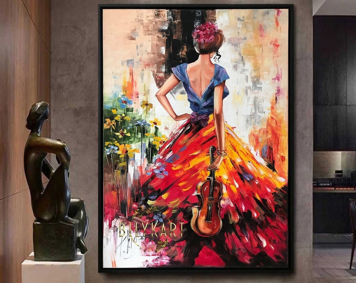 Abstract Woman In Red Dress Oil Painting Original Abstract Girl Back View Painting Extra Large Oil Painting Over Fireplace Modern Woman Art
