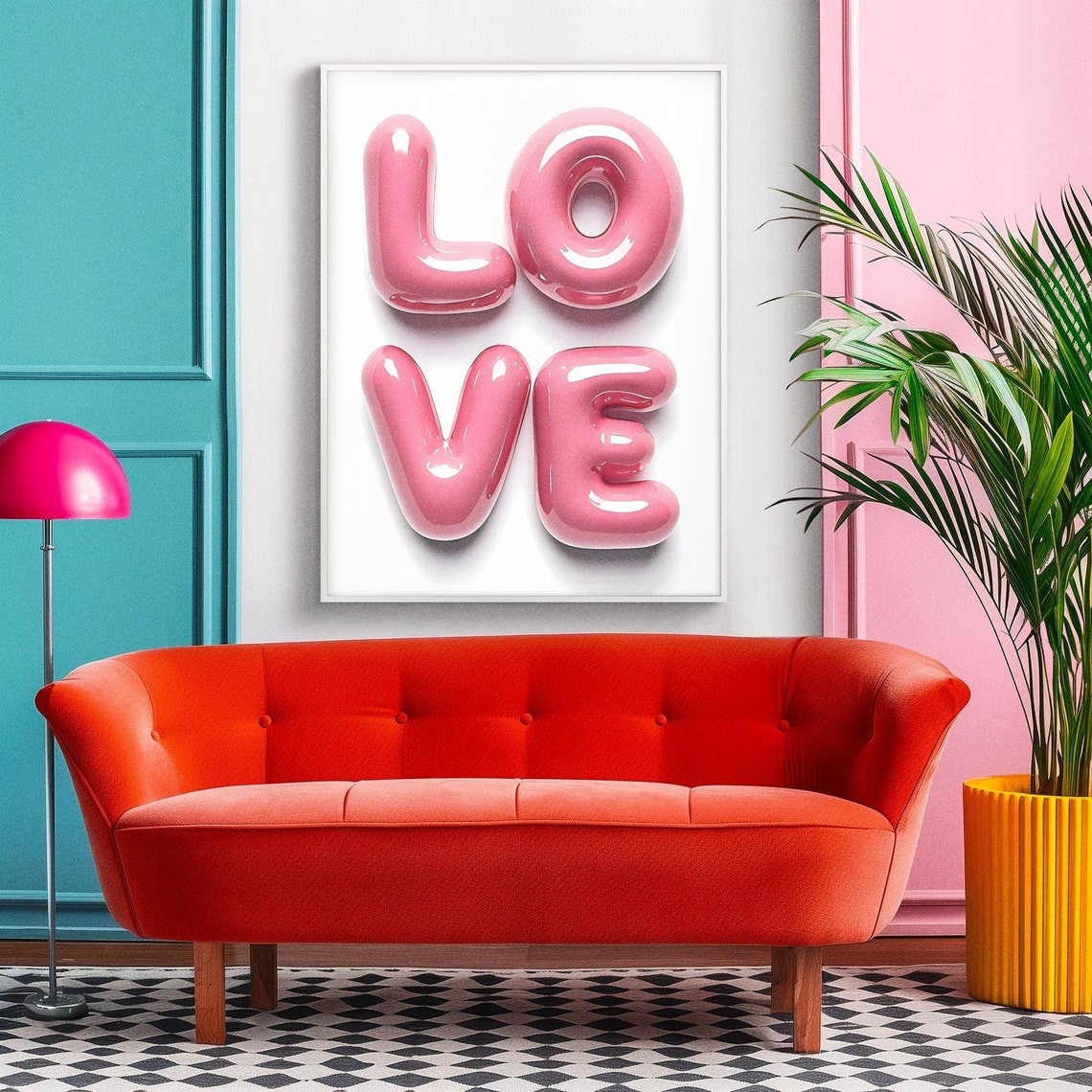 Pink Bubble Letter Love Balloon 3D Modern Typography Valentine Poster