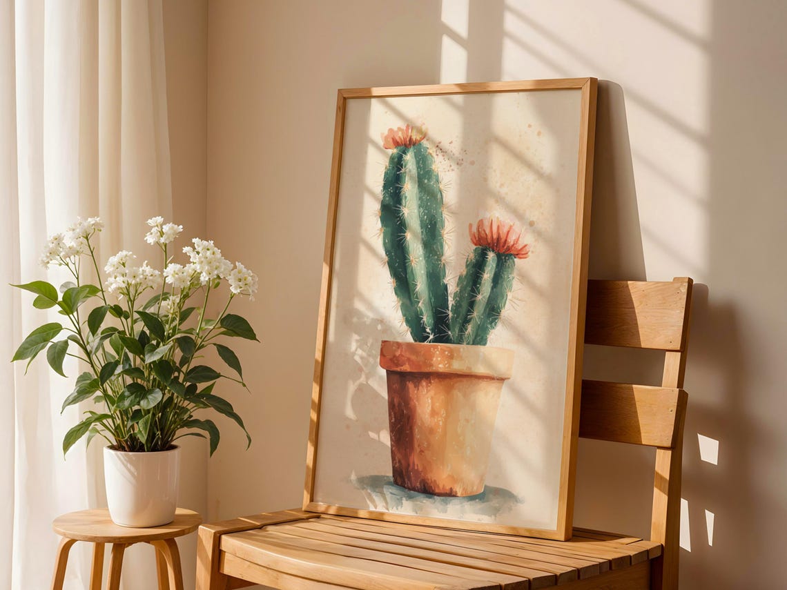 Watercolor Blooming Cactus Terracotta Pot Desert Botanical Poster