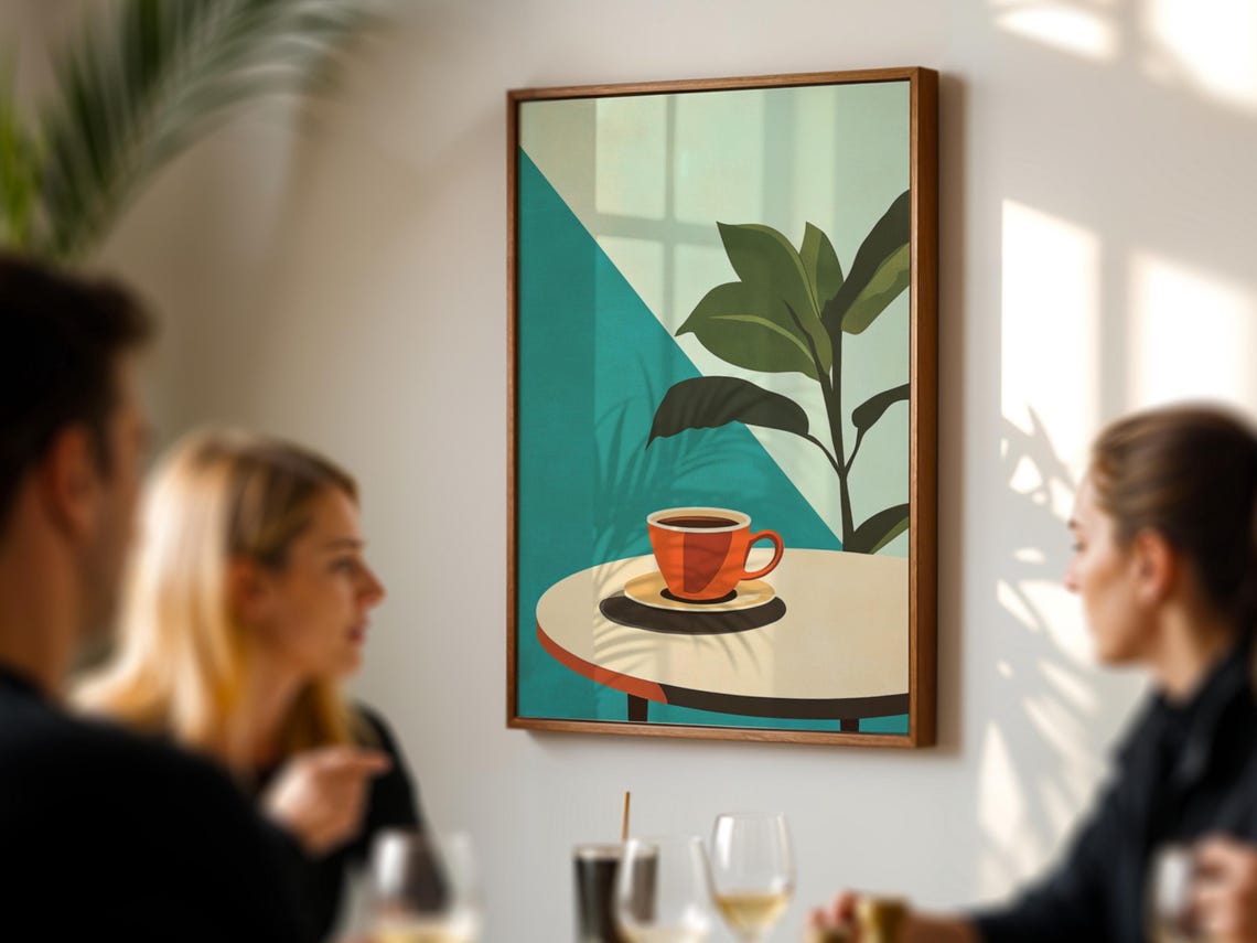 Burnt Orange Coffee Cup Modern Kitchen Botanical Teal Poster