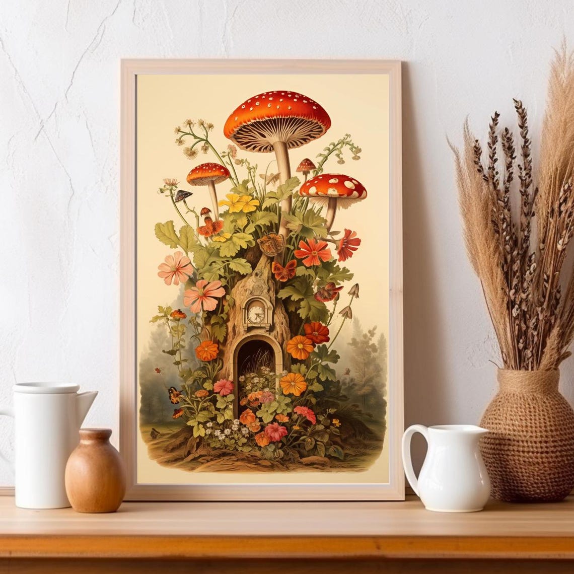 Retro Mushroom Botanical Art Print, Vintage Cottage Decor