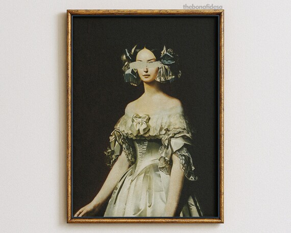 Altered Vintage Portrait Anonymous Woman White Gown Eclectic Wall Art