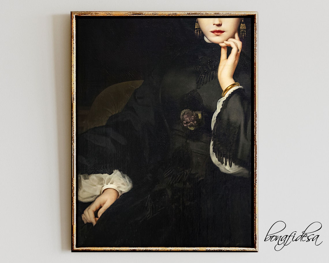 Dark Victorian Woman Portrait in Black Dress Moody Oil Painting Poster