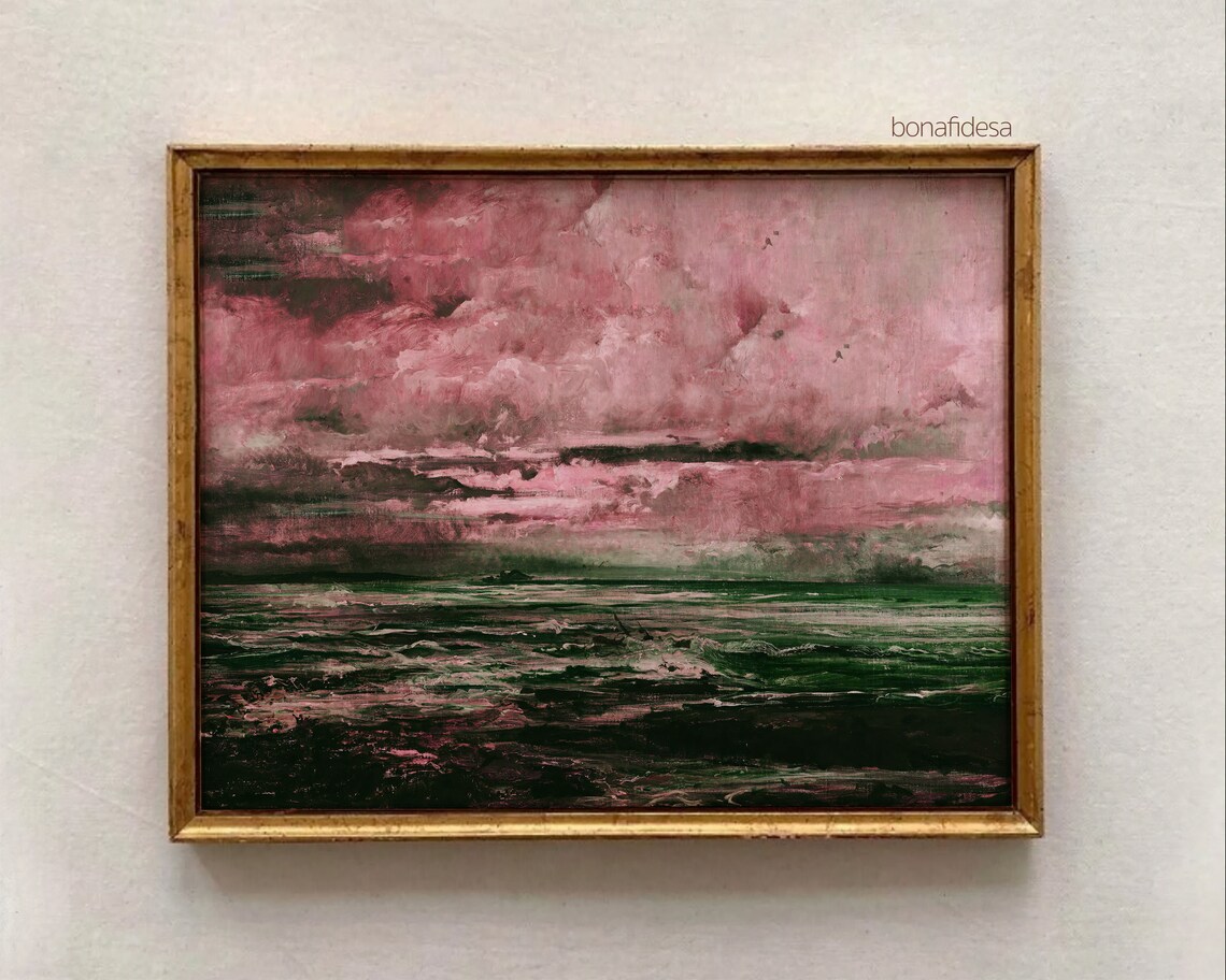 Moody Pink Sky Green Sea Waves Oil Painting Seascape Wall Art