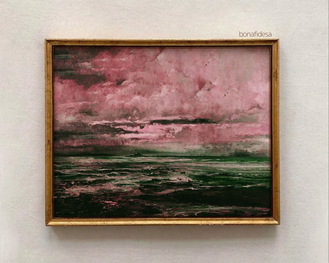 Pink Cloud Sky Emerald Green Sea Dramatic Seascape Oil Painting Print