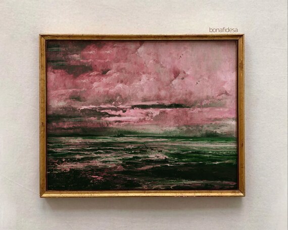 Moody Pink Sky Green Sea Waves Oil Painting Seascape Wall Art
