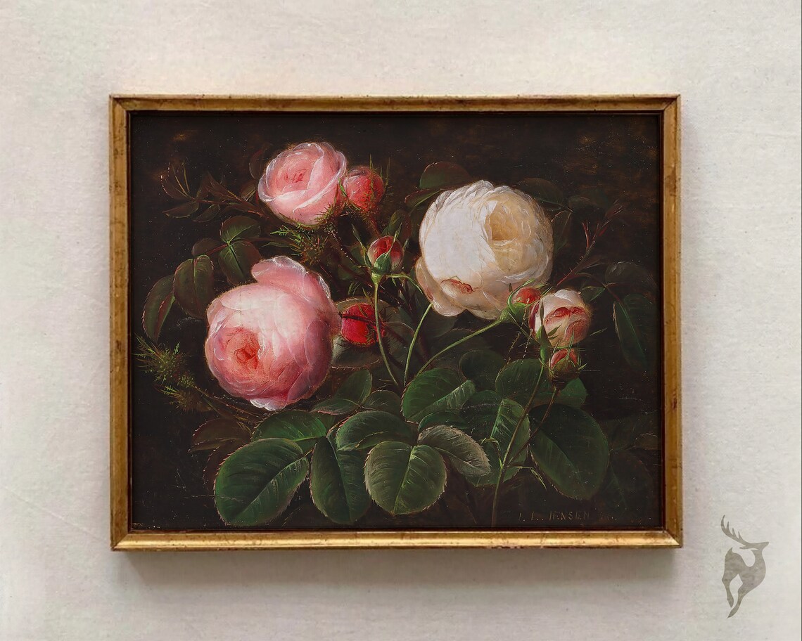 Vintage Pink White Roses Oil Painting Floral Still Life Poster