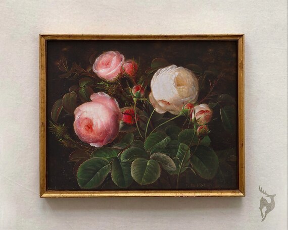 Dark Floral Antique Oil Painting Print Moody Academia Decor