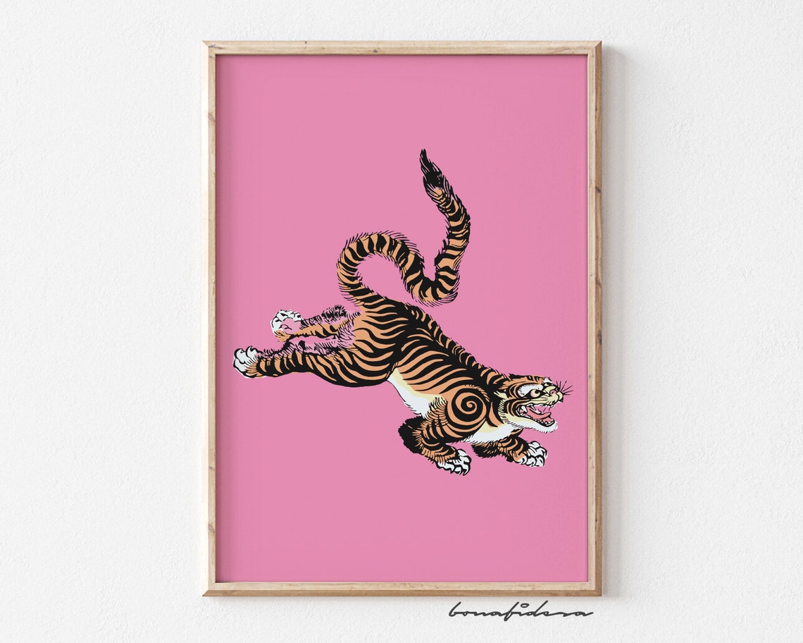 Leaping Tiger Pink Background Japanese Style Illustration Art Print