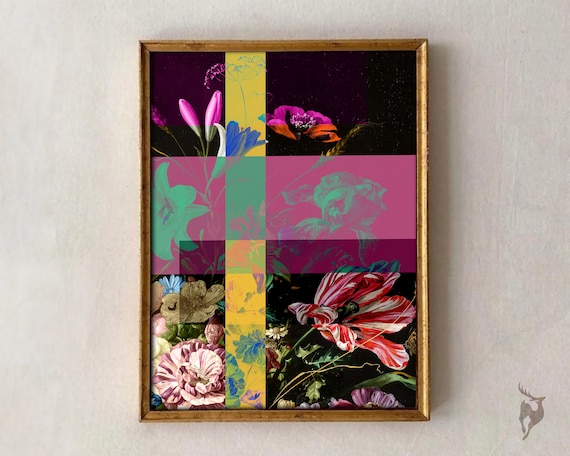 Colorful Pop Art Floral Collage Grid Modern Botanical Poster