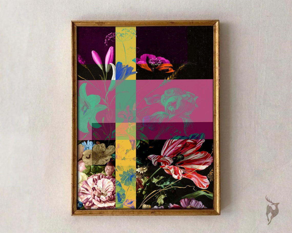 Colorful Pop Art Floral Collage Grid Modern Botanical Poster