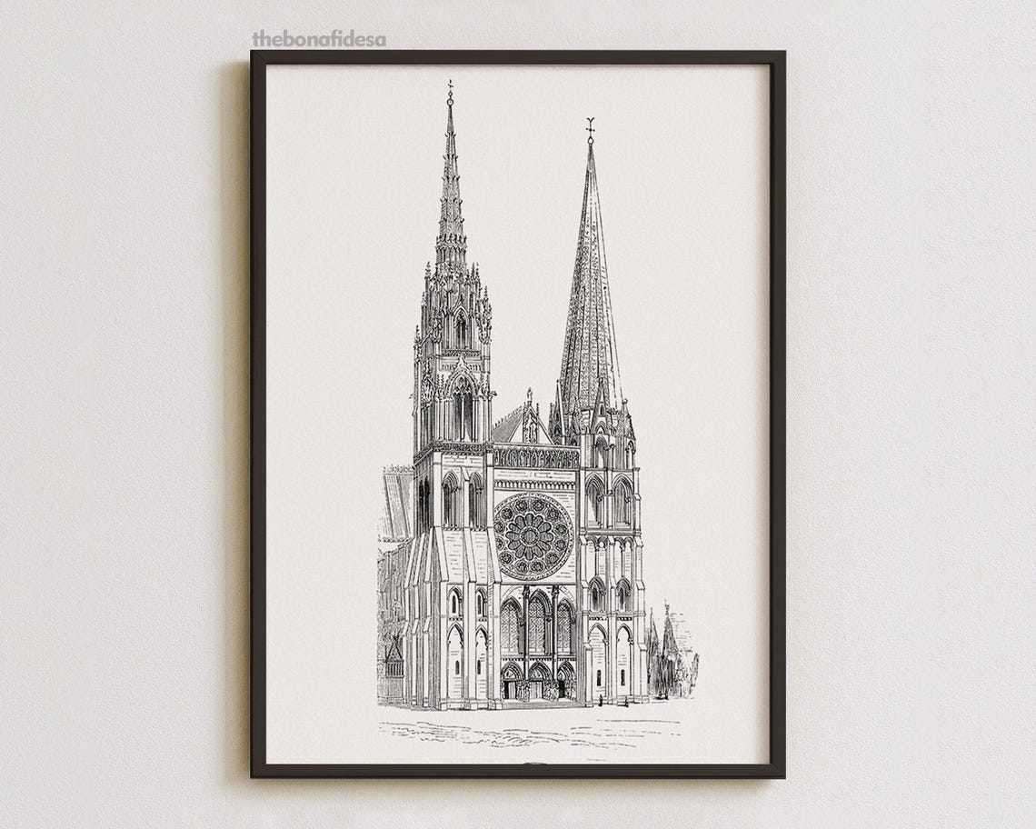 Gothic Cathedral Twin Spires Rose Window Vintage Engraving Poster