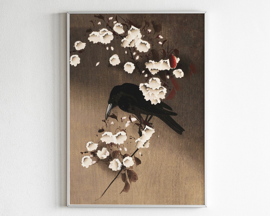 Japanese Woodblock Style Crow Poster With White Blossom Branches