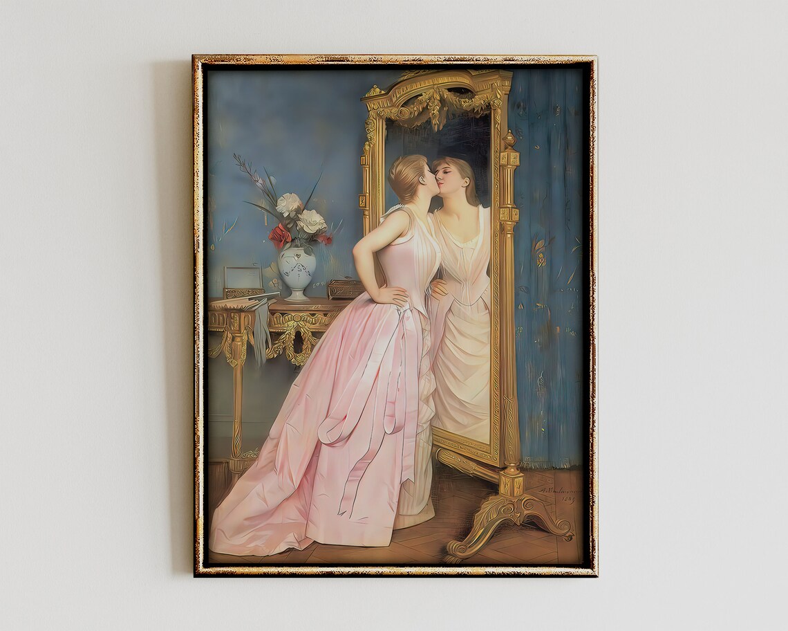 Woman Kissing Mirror Reflection Pink Gown Vintage Painting Wall Art