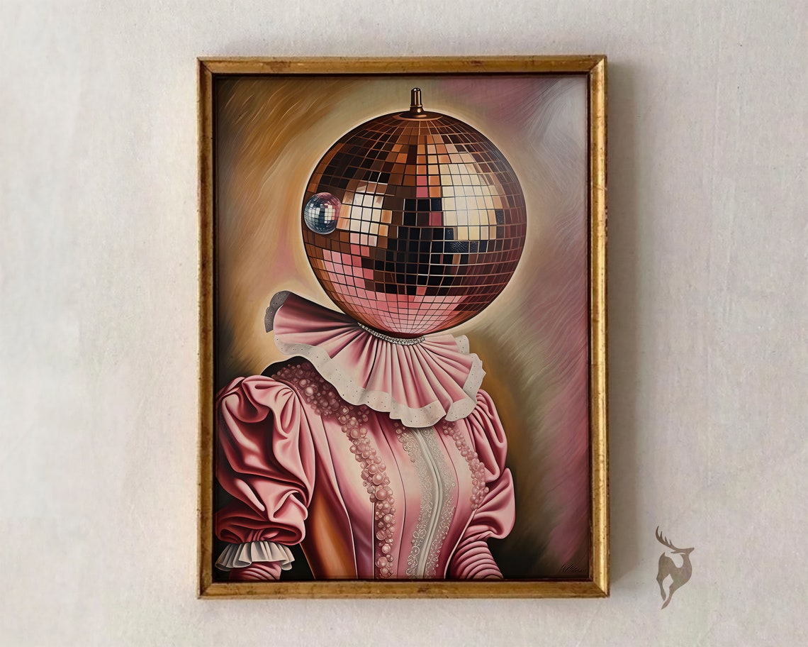 Disco Ball Head Pink Victorian Portrait Surreal Altered Art Poster