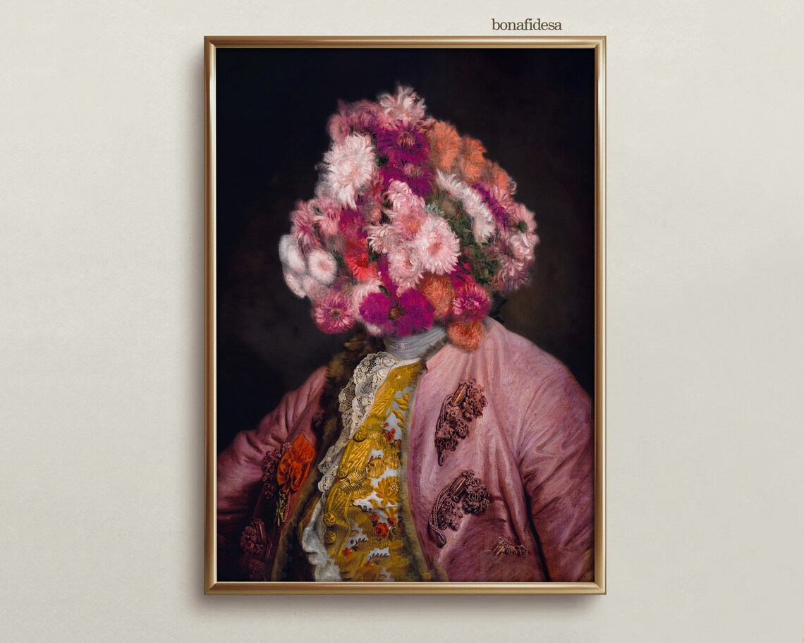 Altered Vintage Portrait Pink Floral Head Bouquet Surreal Quirky Art Poster