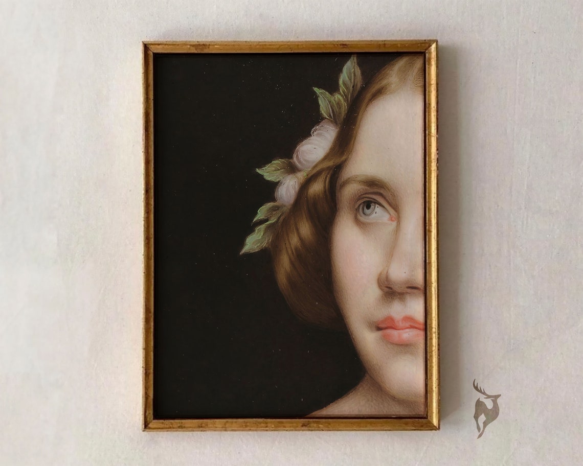 Baroque Woman with Flower in Hair Half Face Classical Portrait Poster
