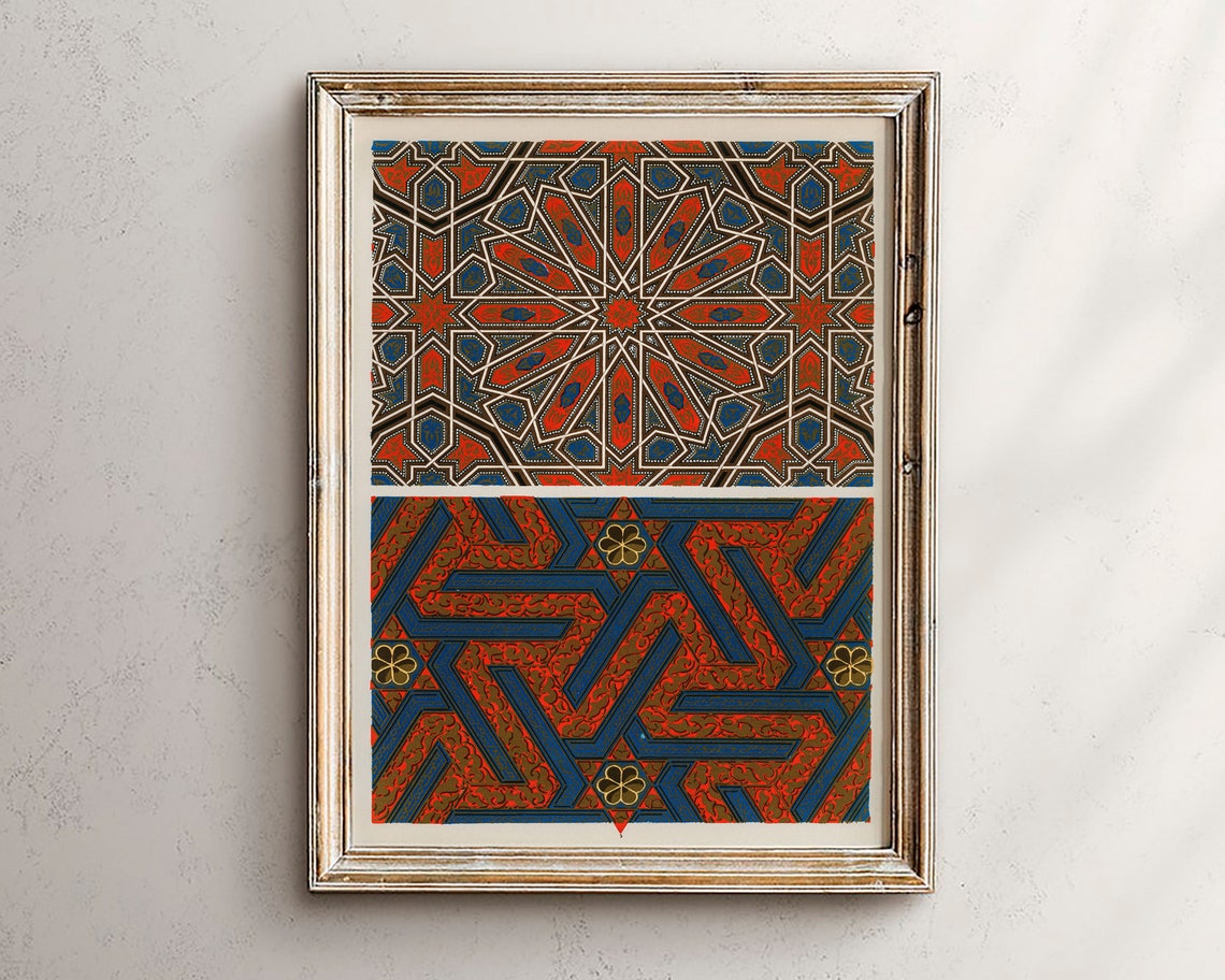 Red Blue Moroccan Islamic Geometric Zellige Tile Pattern Poster